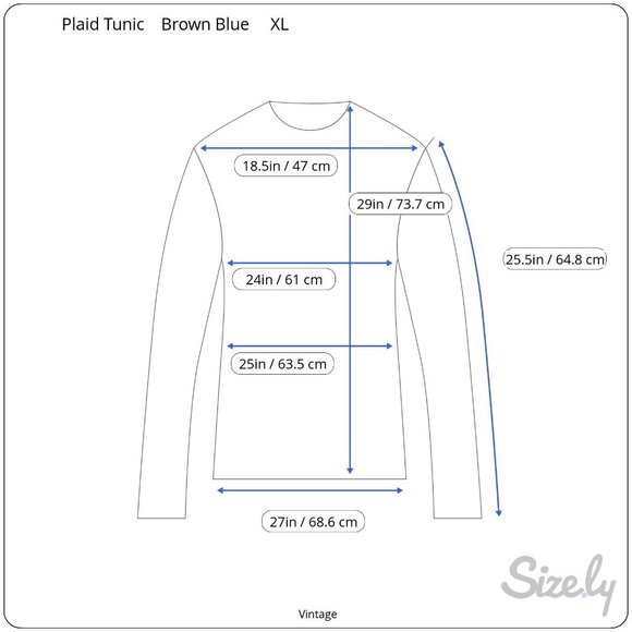 Vintage Brown Blue Gingham Long Sleeve 1/2 Button-Up Madras Cotton Tunic Shirt - Picture 8 of 8